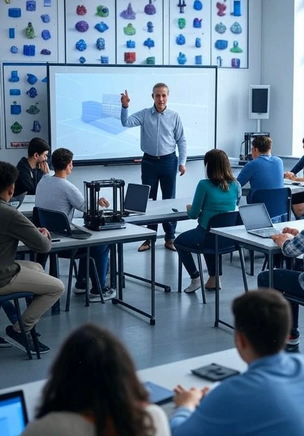 Lektor učí študentov o 3D tlači v triede na Slovensku